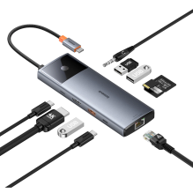 HUB 11in1 Baseus Metal Gleam Series USB-C į USB-C PD / USB-C / 3x USB-A / HDMI / AUX / RJ-45 / SD TF - pilka