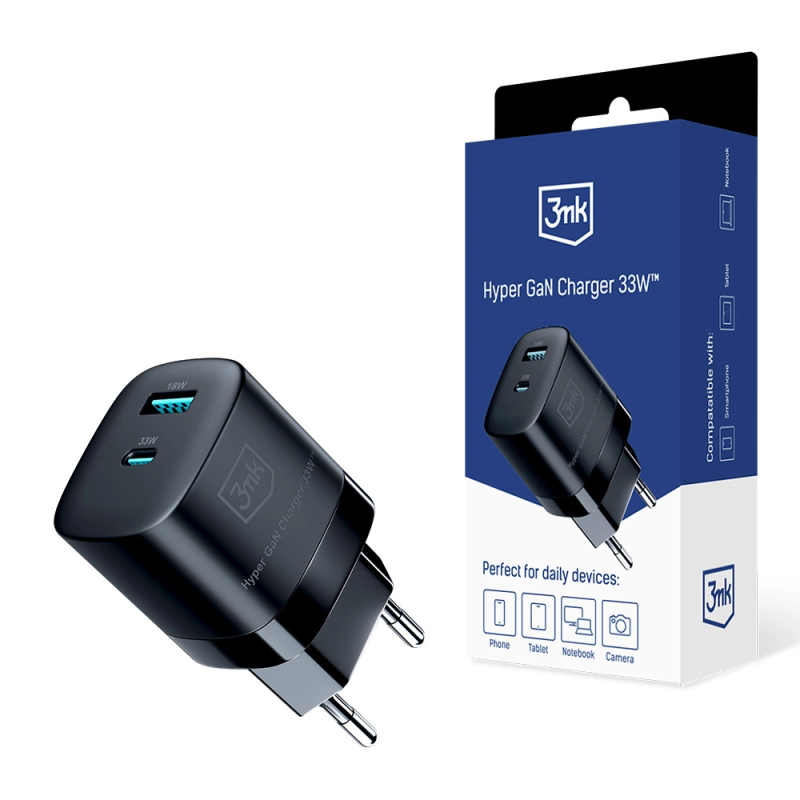 3mk Hyper Charger GaN 33W USB-C USB-A sieninis įkroviklis – juodas