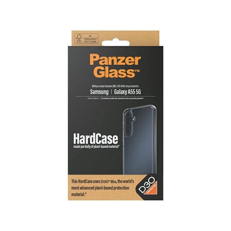 PanzerGlass kietas dėklas su D3O® Bio ir karinio lygio sertifikatu, skirtas Samsung Galaxy A55 5G – skaidrus