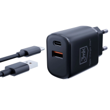 3mk Hyper Charger 20W USB-C USB-A sieninis įkroviklis – juodas