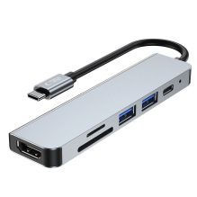 HUB Tech-Protect V4 6in1 USB-C - USB-A 3.0 / USB-A 2.0 / USB-C / HDMI / micro SD / TF / SD kortelių skaitytuvas - pilka