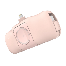 Wozinsky WF16-YLS 5000mAh 15W Lightning Mini Power Bank su įmontuotu USB-C laidu ir Apple Watch įkrovikliu – rožinė