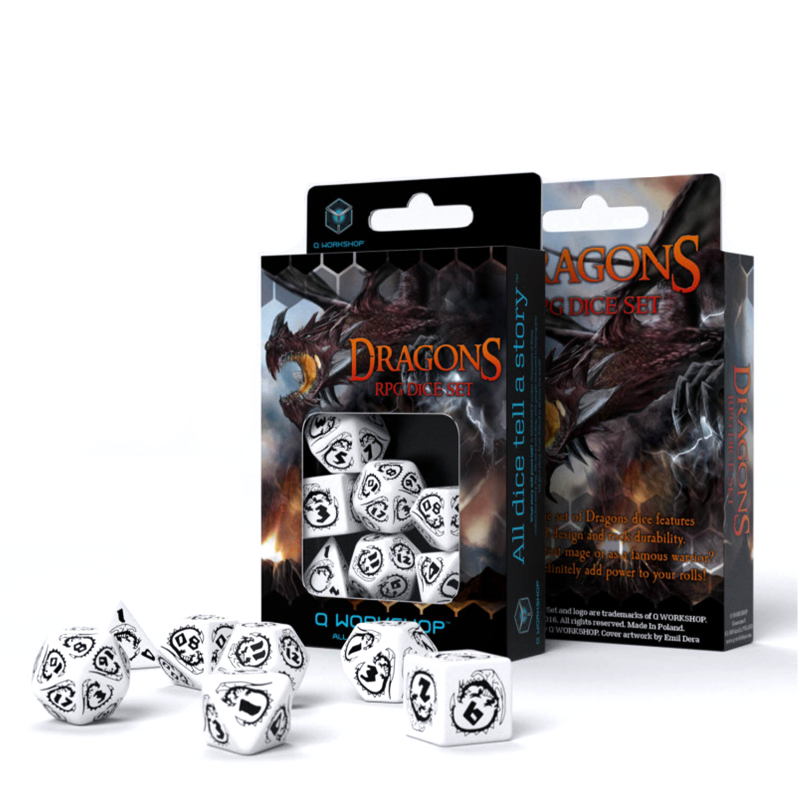 Dragons rpg dice set in white and black