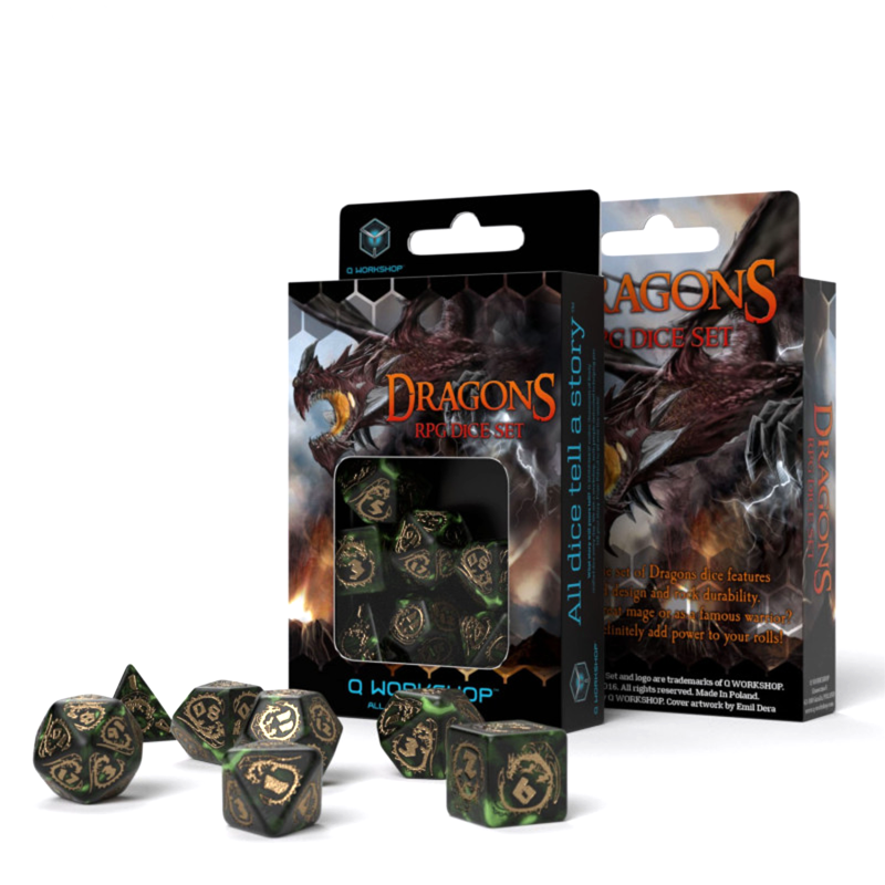 Q Workshop Dragons RPG Dice Set (Green and Golden SP)