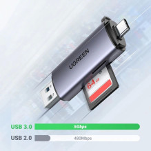 Atminties kortelių skaitytuvas Ugreen CM185 USB-A 3.0 / USB-C 3.1 to TF / SD (50706) pilkas