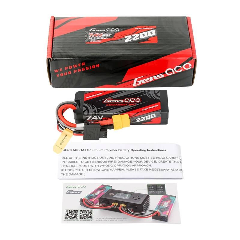 Lipo Gens ace G-Tech 2200mAh 7.4V 2S1P 60C GRP-76 Hardcase Battery with XT60 Plug