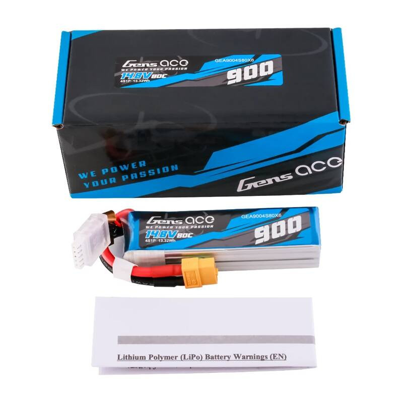 Lipo Gens Ace 900mAh 14.8V 80C 4S1P battery with XT60 connector