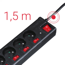 Hama 6-socket surge protector strip 1.4m with switches - black