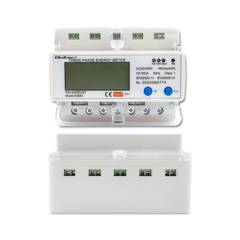 Qoltec 50883 Three phase electronic energy consumption meter for DIN rail , Wi-Fi , TUYA , 400V , LCD