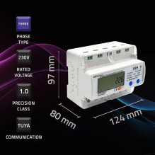 Qoltec 50883 Three phase electronic energy consumption meter for DIN rail , Wi-Fi , TUYA , 400V , LCD