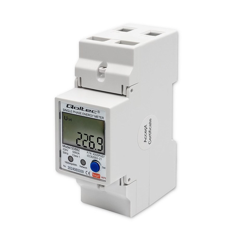 Qoltec 50882 Single phase electronic energy consumption meter for DIN rail , Wi-Fi , TUYA , 230V , LCD