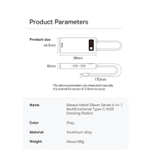 Baseus Metal Gleam Series HUB 4-in-1 USB Type C - 3 x USB 3.2 Gen. 1 / RJ45 (WKWG070113)