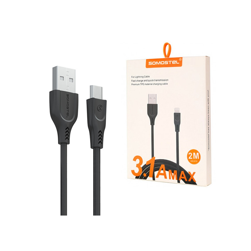 CABLE USB TYPE-C 3.1A SOMOSTEL SMS-BT02 3100mAh QUICK CHARGER QC 3.0 POWERLINE BLACK 2M