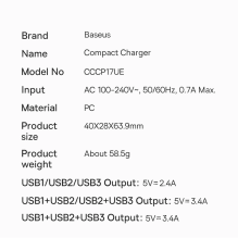 „Baseus“ kompaktiškas įkroviklis 3x USB 17W juodas (CCXJ020101)