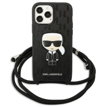 Karl Lagerfeld Leather Monogram Patch and Cord Iconik Case for iPhone 13 Pro Max 6.7&quot; - Black