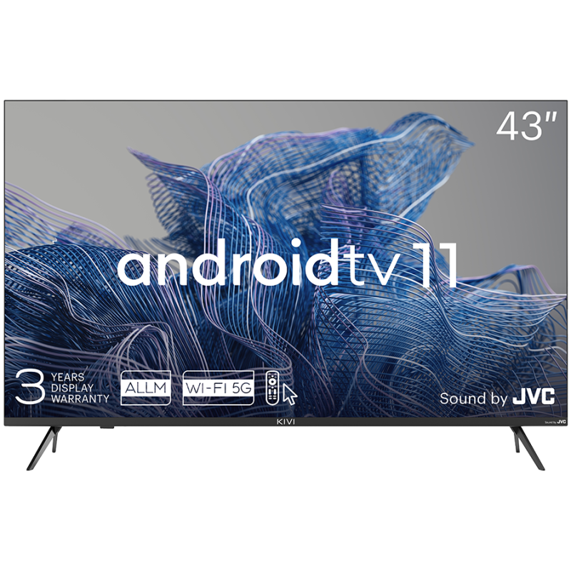 43 colių, UHD, Android TV 11, juoda, 3840x2160, 60 Hz, JVC garsas, 2x12W, 53 kWh/ 1000h, BT5.1, HDMI prievadai 4, 24 mėn